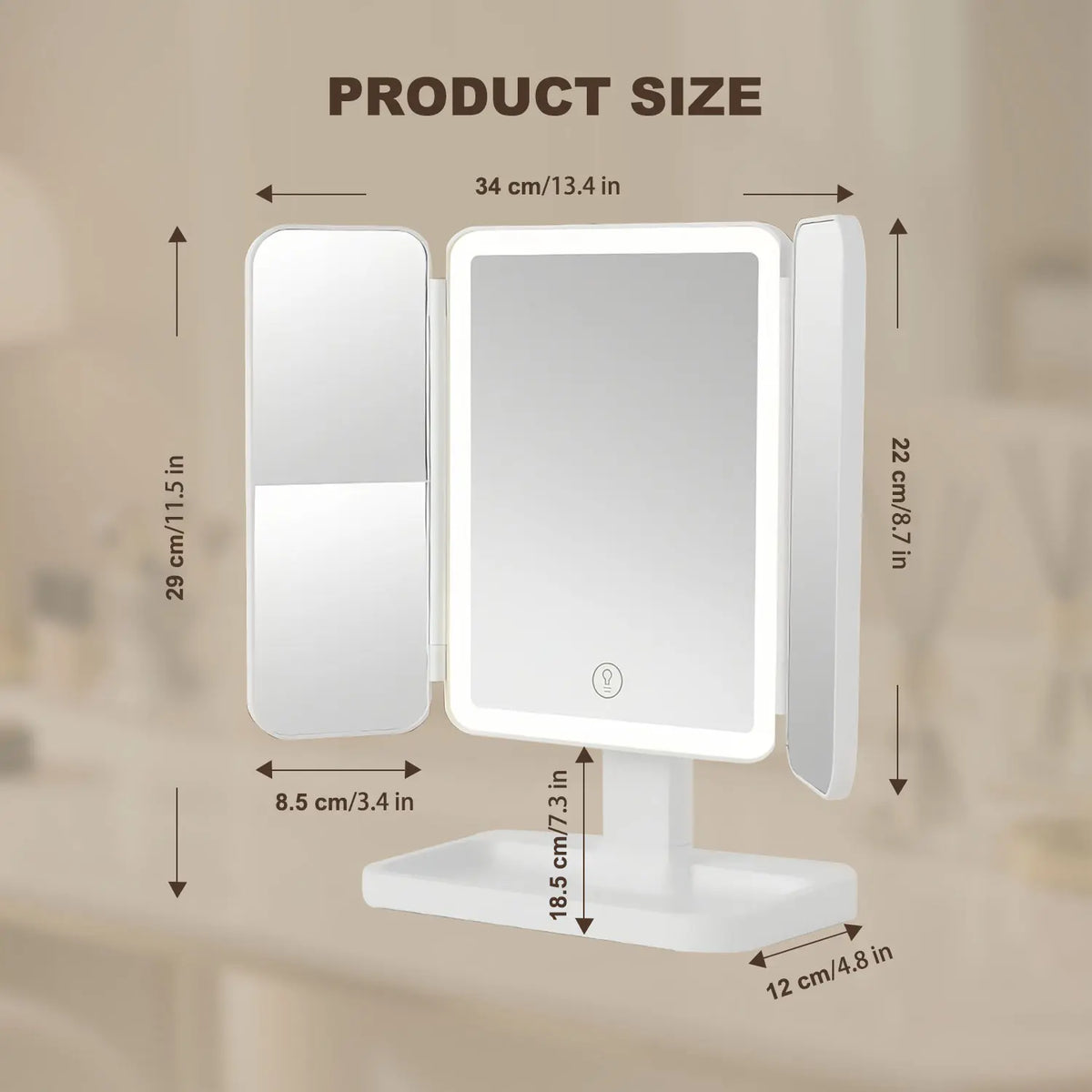 Foldable LED Makeup Mirror with 3 Light Modes, 2X/3X Magnification, Touch Dimmable, 360° Rotating Portable Vanity Mirror